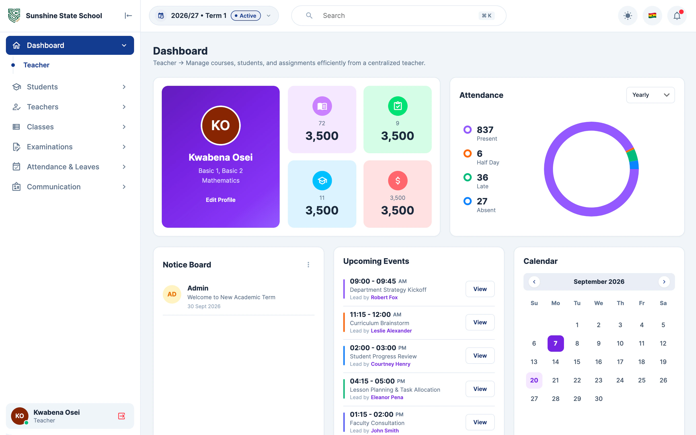 NexusMon teacher dashboard with class attendance, notice board, upcoming events and calendar
